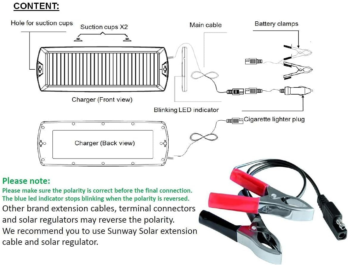 Car Battery Trickle Charger & Maintainer 12V Solar Panel Power Battery Charger with Cigarette Lighter Plug Battery Clamp for Car Automotive Motorcycle Boat Marine Snowmobile Watercraft RV
