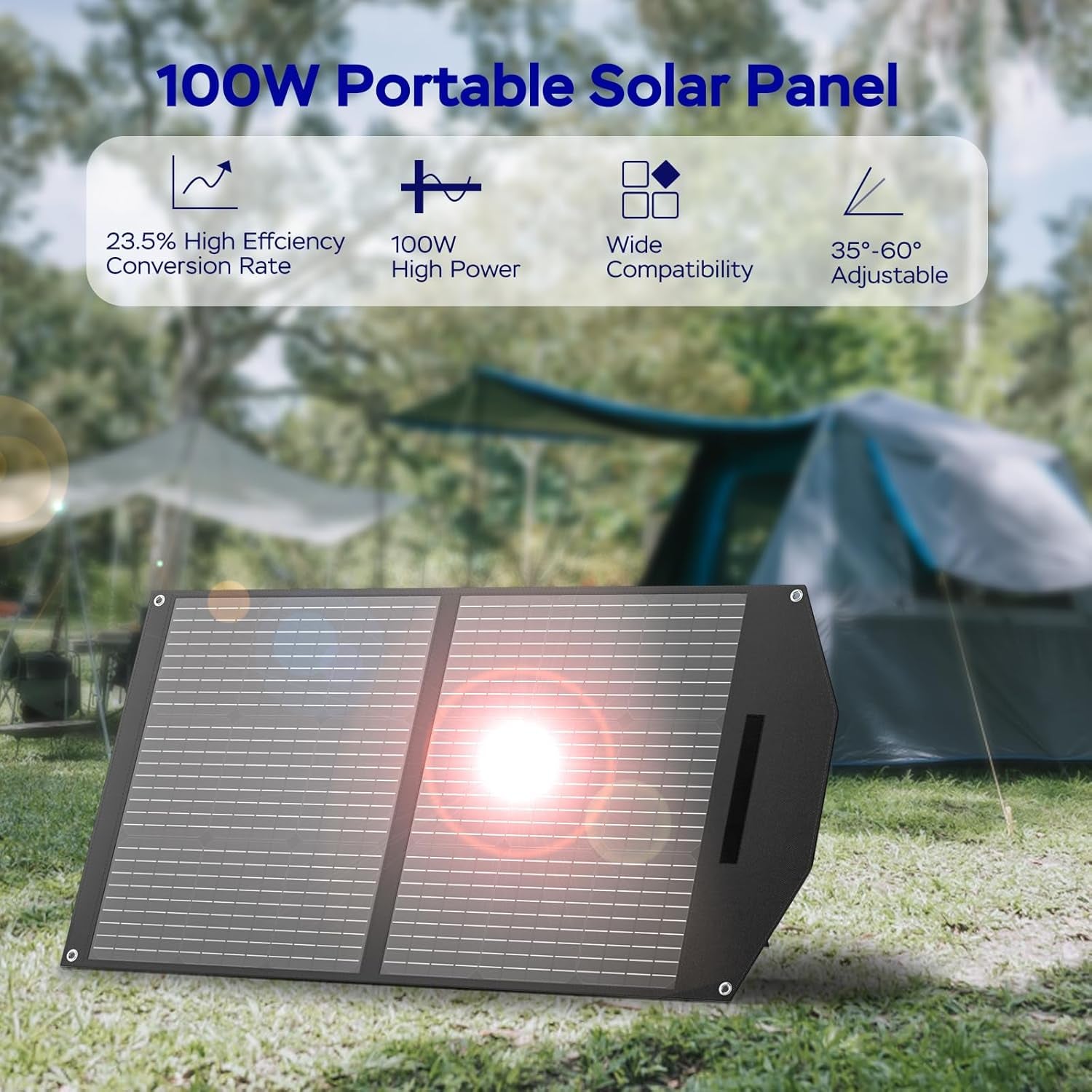 100W Portable Solar Panel 100 Watt Foldable Solar Panel Charger for Power Station, USB/DC Devices 18V Output(10 Connectors) >23% High Efficiency IP68 Waterproof for Camping Outdoor RV Cloudy