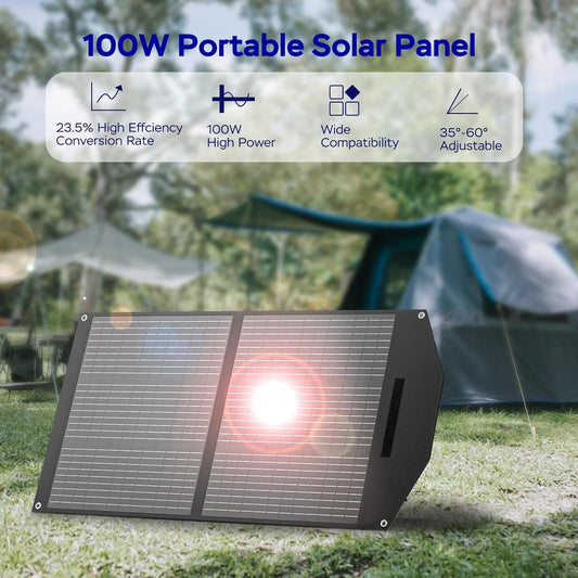 100W Portable Solar Panel 100 Watt Foldable Solar Panel Charger for Power Station, USB/DC Devices 18V Output(10 Connectors) >23% High Efficiency IP68 Waterproof for Camping Outdoor RV Cloudy