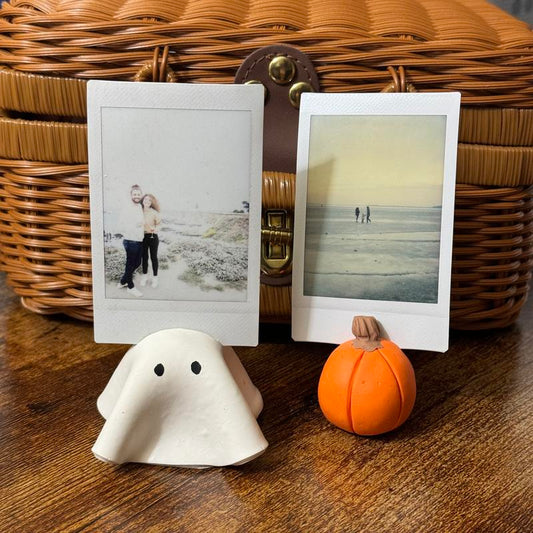 Pumpkin and Ghost Photo Card Holder, Handmade Halloween Desk Decor