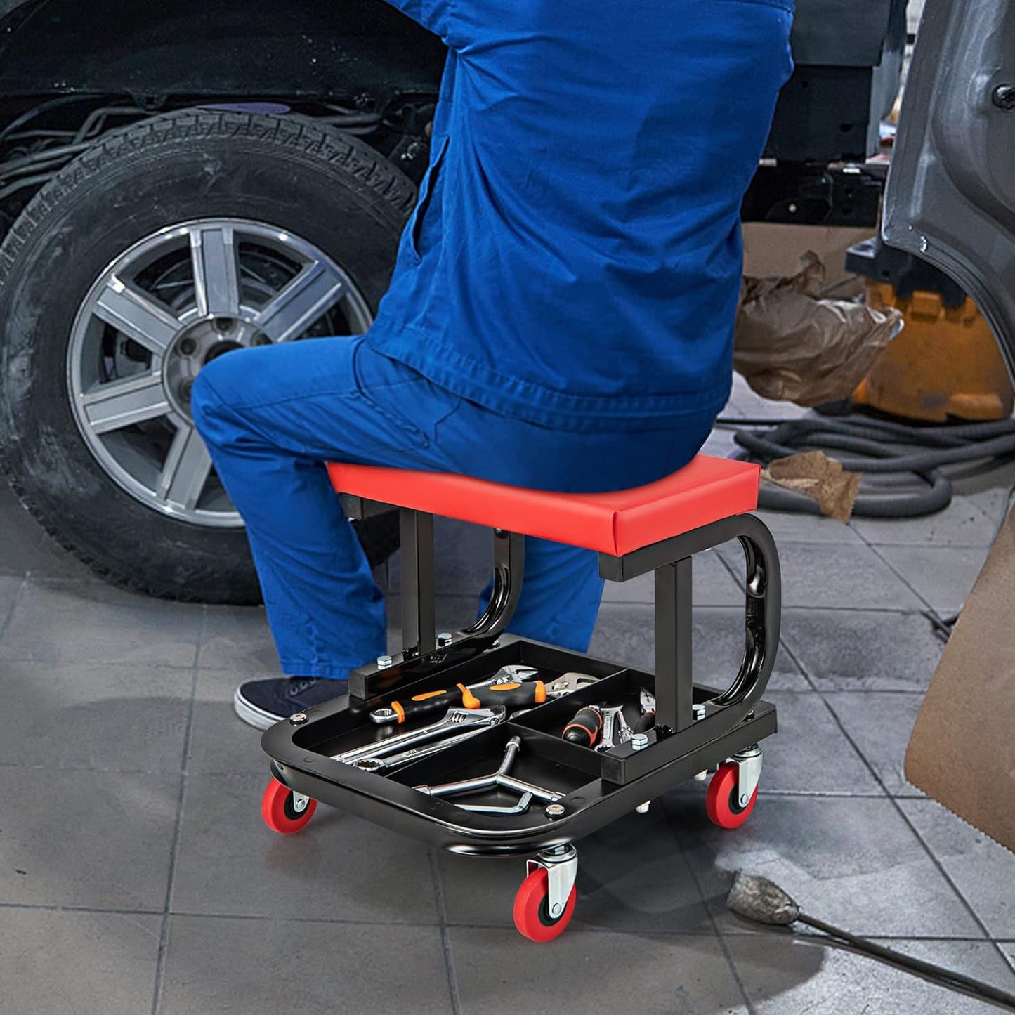 Mechanic Stool, Rolling Creeper Seat with Cushioned Seat, 4 Universal Wheels, Classified Tool Tray, 330 LBS Max Load, Garage Stool Work Chair, Shop Stool