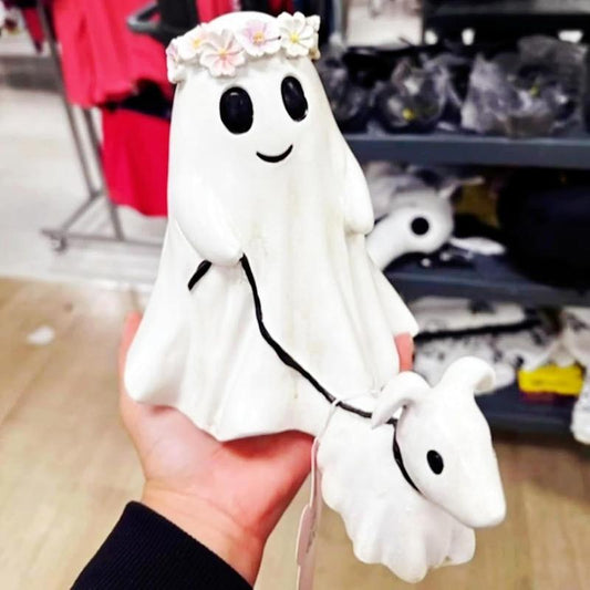 Ghost Walking Dog Statue, Cute Ghost Dog Figurine, Halloween Decorations (Large, Female)