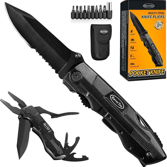 Rovertac Pocket Knife Multitool – 15-In-1 Folding Knife with Pliers, Screwdrivers & Bottle Opener – Multitool Knife with Safety Lock & Nylon Sheath for Camping, Hiking, Survival, EDC & Gifts for Men