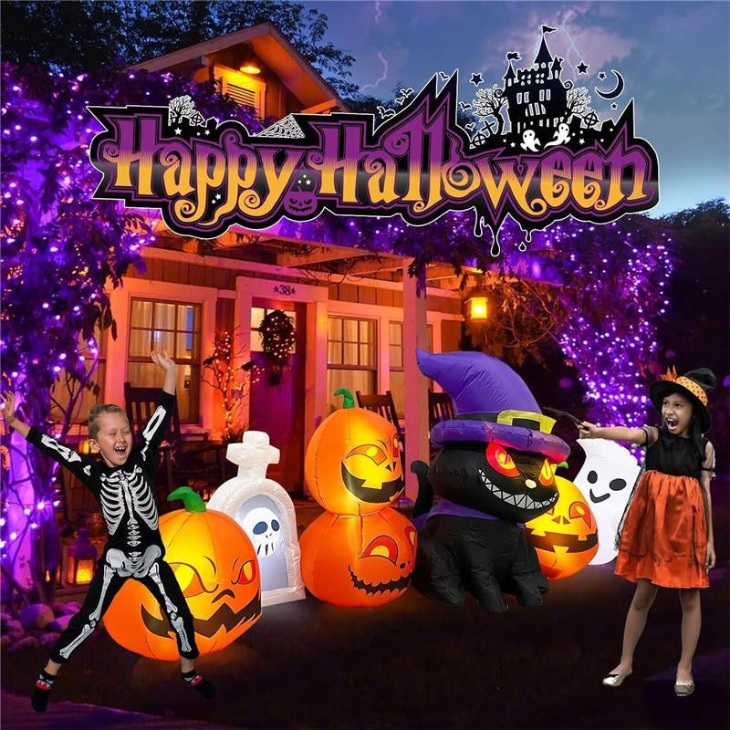 8 FT Long Halloween Inflatables Outdoor Decoration - Blow up Cat & Pumpkin Lanterns with Tombstone Ghost Halloween Yard Decorations, Built-In LED Lights Décor for Holiday Party Yard Lawn