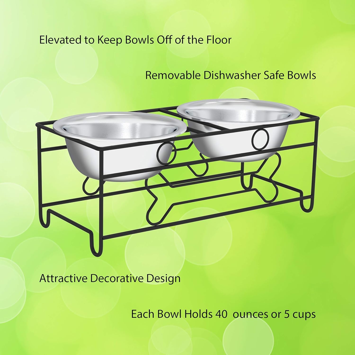 Elevated Dog and Cat Bowls - Decorative 6.5-Inch-Tall Raised Stand with 2 Stainless-Steel Food and Water Bowls - Hold 40Oz Each by  (Black)