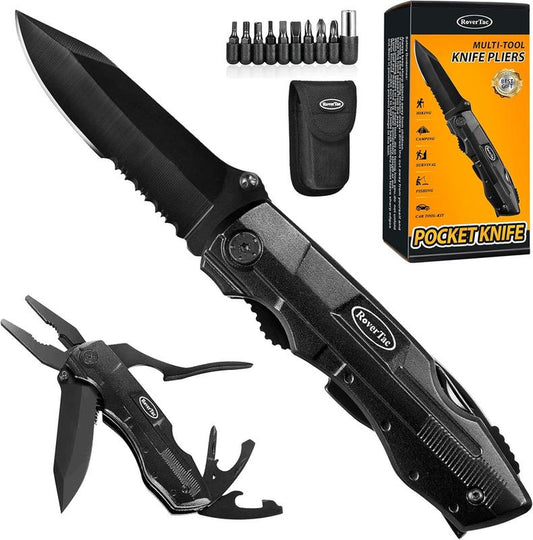 Rovertac Pocket Knife Multitool – 15-In-1 Folding Knife with Pliers, Screwdrivers & Bottle Opener – Multitool Knife with Safety Lock & Nylon Sheath for Camping, Hiking, Survival, EDC & Gifts for Men