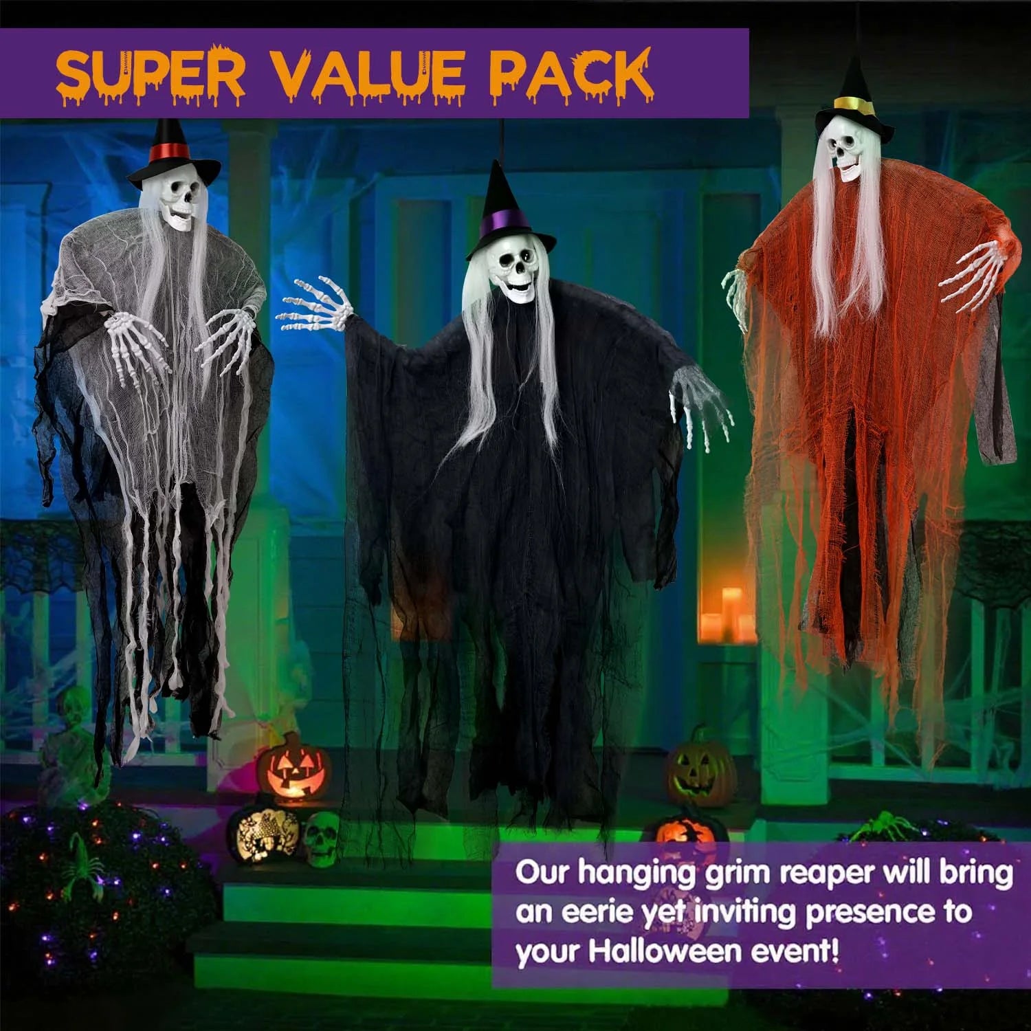 3Pcs Halloween Hanging Ghosts, Halloween Decorations Outdoor Indoor Scary Skeleton Ghosts, Haunted House Props