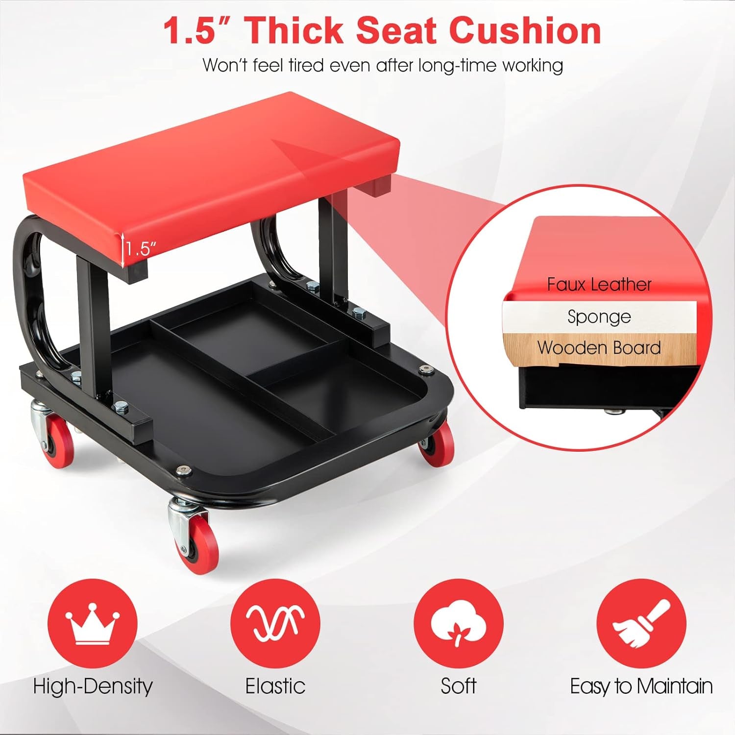 Mechanic Stool, Rolling Creeper Seat with Cushioned Seat, 4 Universal Wheels, Classified Tool Tray, 330 LBS Max Load, Garage Stool Work Chair, Shop Stool