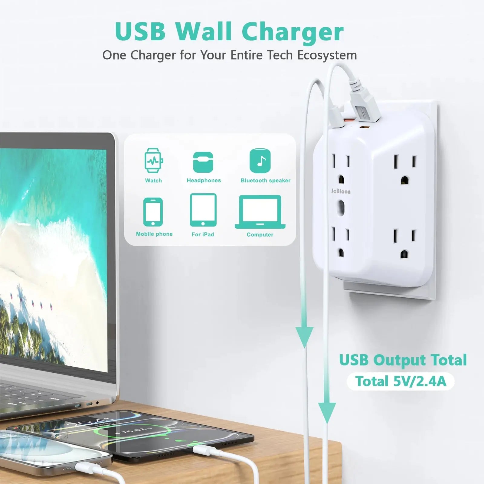 USB Wall Charger Surge Protector 6 Outlet Extender with 4 USB Charging Ports (2 USB C Outlet) , Wall Adapter Spaced for Home Berkshaw