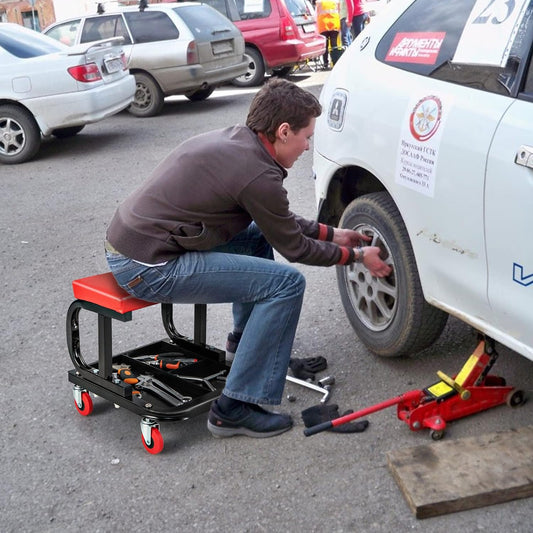 Mechanic Stool, Rolling Creeper Seat with Cushioned Seat, 4 Universal Wheels, Classified Tool Tray, 330 LBS Max Load, Garage Stool Work Chair, Shop Stool