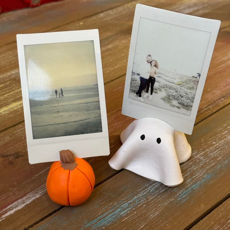 Pumpkin and Ghost Photo Card Holder, Handmade Halloween Desk Decor