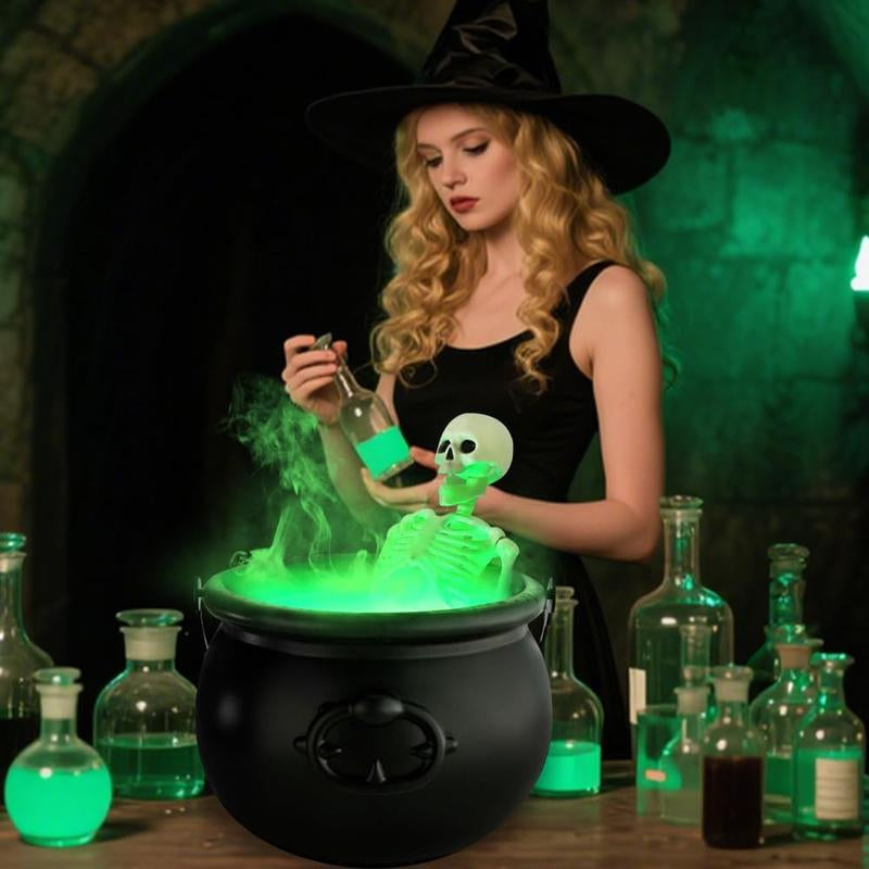 Halloween Decorations Indoor, LED Mist Maker Halloween Witches Cauldron Black Plastic Cauldron with Skeleton for Halloween Decorations Home Room Mantel Table Decor