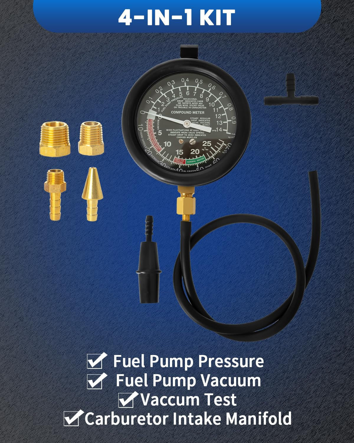 Vacuum Gauge, Universal Vacuum Gauge Automotive Kit for Car & Truck