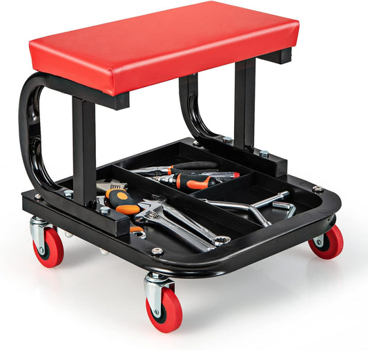 Mechanic Stool, Rolling Creeper Seat with Cushioned Seat, 4 Universal Wheels, Classified Tool Tray, 330 LBS Max Load, Garage Stool Work Chair, Shop Stool