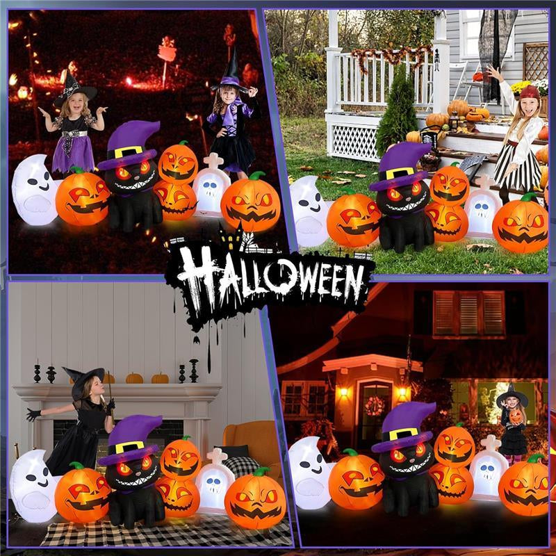8 FT Long Halloween Inflatables Outdoor Decoration - Blow up Cat & Pumpkin Lanterns with Tombstone Ghost Halloween Yard Decorations, Built-In LED Lights Décor for Holiday Party Yard Lawn