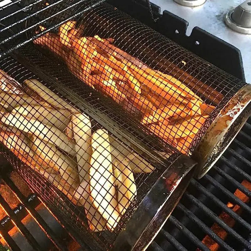 Rolling Grilling Basket Metal BBQ Barbecue Basket Net Portable Outdoor Camping Barbecue Rack Kitchen Gadgets YIWUGO Store