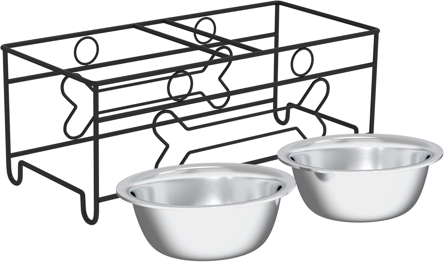 Elevated Dog and Cat Bowls - Decorative 6.5-Inch-Tall Raised Stand with 2 Stainless-Steel Food and Water Bowls - Hold 40Oz Each by  (Black)