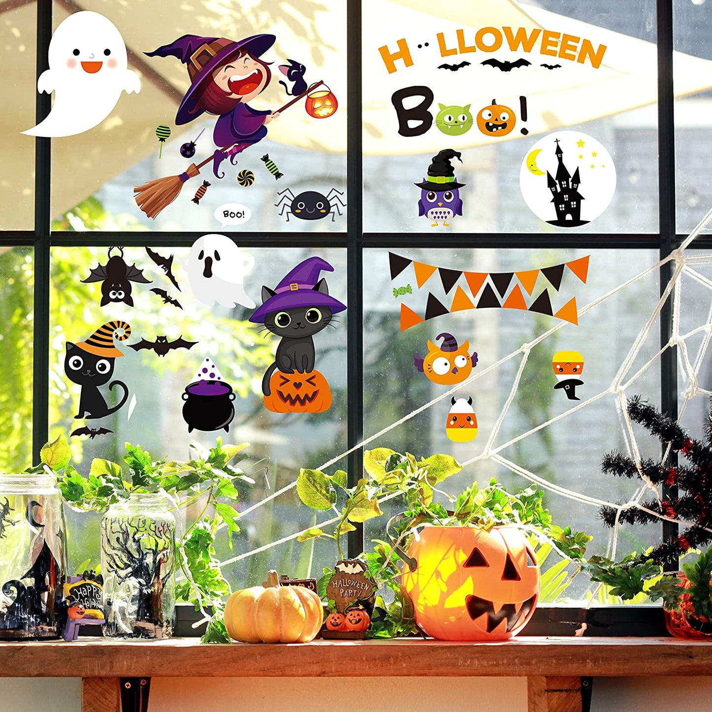 Halloween Window Clings - Decorations Stickers Decals Decor with Cute Pumpkin Ghost for Room Bathroom Kitchen