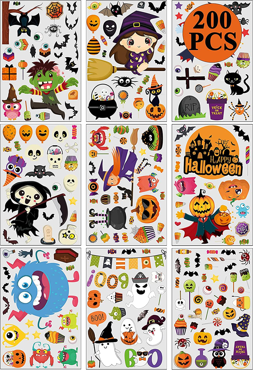 200PCS Halloween Window Clings Cute Halloween Window Clings Cute Pumpkin Witch Ghost