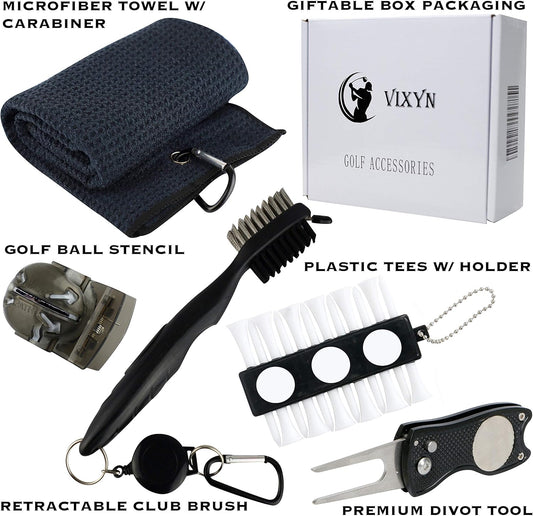 Golf Accessories Gift Set - Golf Towel, Golf Club Brush with Groove Cleaner, Foldable Divot Repair Tool with Ball Marker, Golf Ball Marker and Golf Tee Holder - Golf Club Cleaning Kit