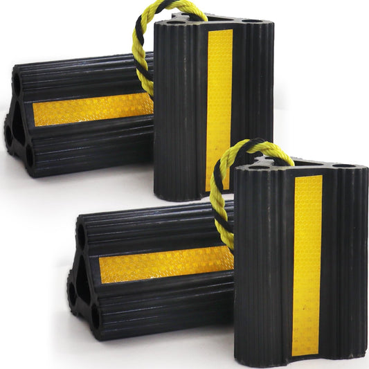 Wheel Chocks [2Pair/4Pack with Rope] for RV Trailer Camper Truck Car Aircraft Boat, Versatile Rubber Chocks Block Stopper for Tire with Reflective Strips, Utility Trailer Camper RV Accessories