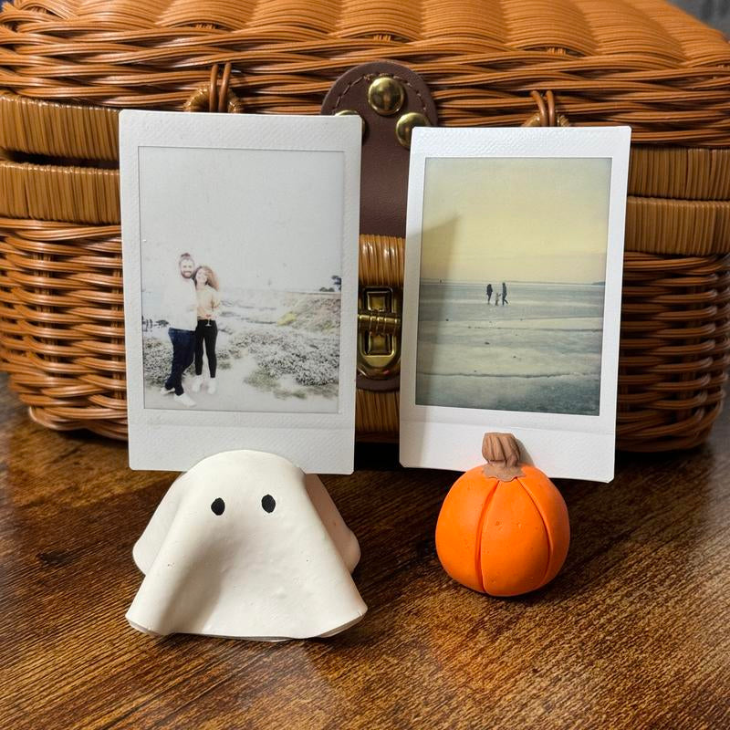 Pumpkin and Ghost Photo Card Holder, Handmade Halloween Desk Decor