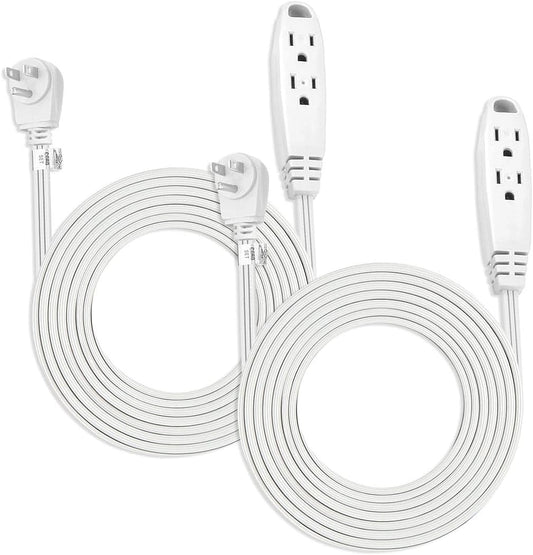 3 Outlet Flat Extension Cord for Indoor, 3 Prong Extension Cord with 16AWG 125V 1625W, UL Listed Triple Wire Grounded Multi Outlet Plug 10Ft White 2 Pack