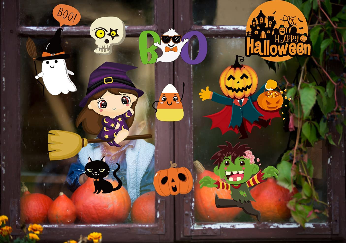 200PCS Halloween Window Clings Cute Halloween Window Clings Cute Pumpkin Witch Ghost