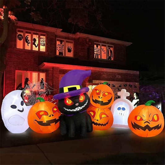 8 FT Long Halloween Inflatables Outdoor Decoration - Blow up Cat & Pumpkin Lanterns with Tombstone Ghost Halloween Yard Decorations, Built-In LED Lights Décor for Holiday Party Yard Lawn