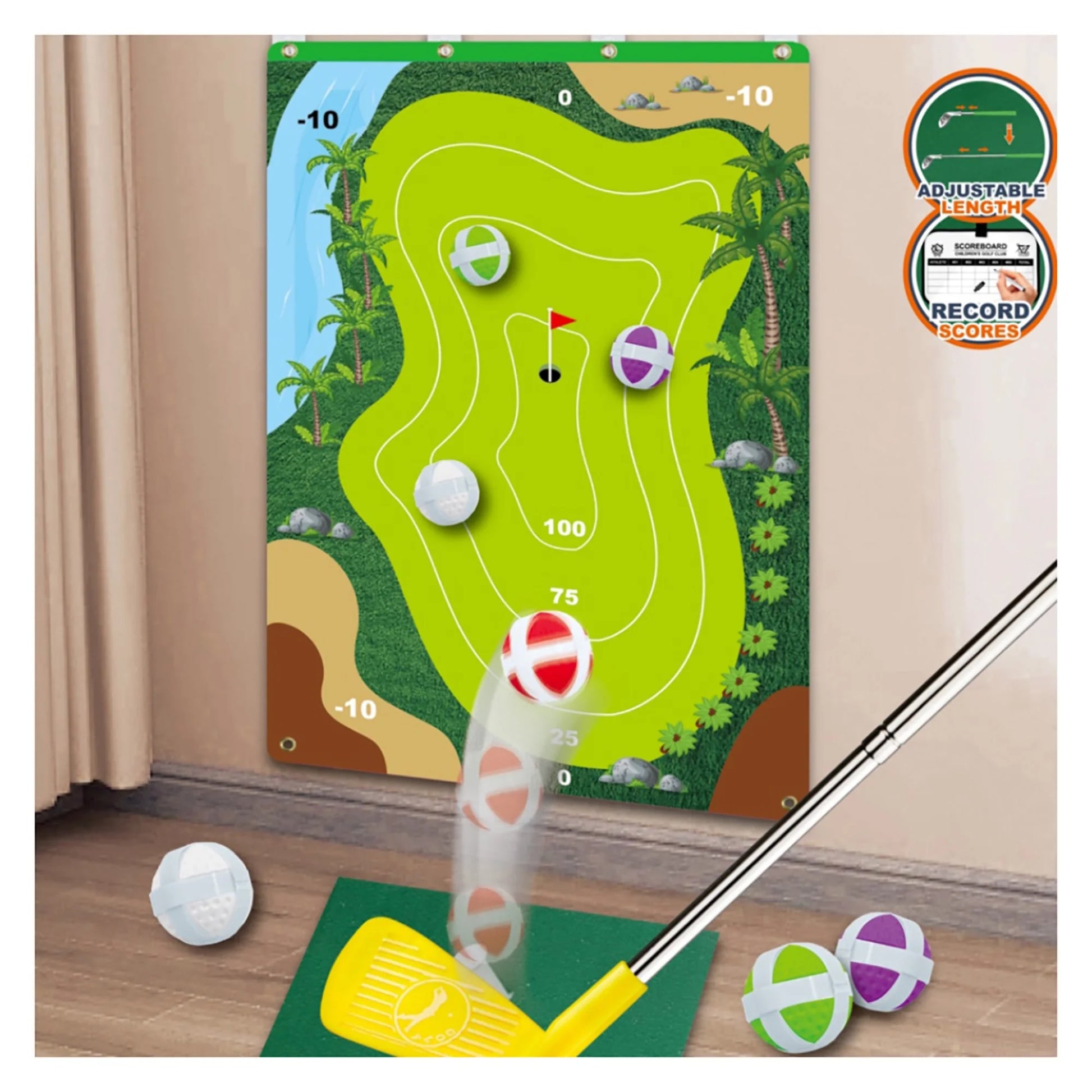 Golf Game Chipping Mat and Accessories, Training and Practice Golf Travel Set for Kids and Adults, Indoor and Outdoor Hitting Mat and Golf Clubs with Sticky Balls for Kids 3+