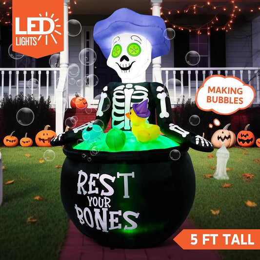 5 FT Tall Halloween Inflatable Outdoor Decoration, Inflatable Skeleton Halloween Decor Outdoor with Bubble Machine, Halloween Blow Ups in Cauldron with Leds for Halloween Yard Decorations Cauldron Halloween Tiktokshopbacktoschool
