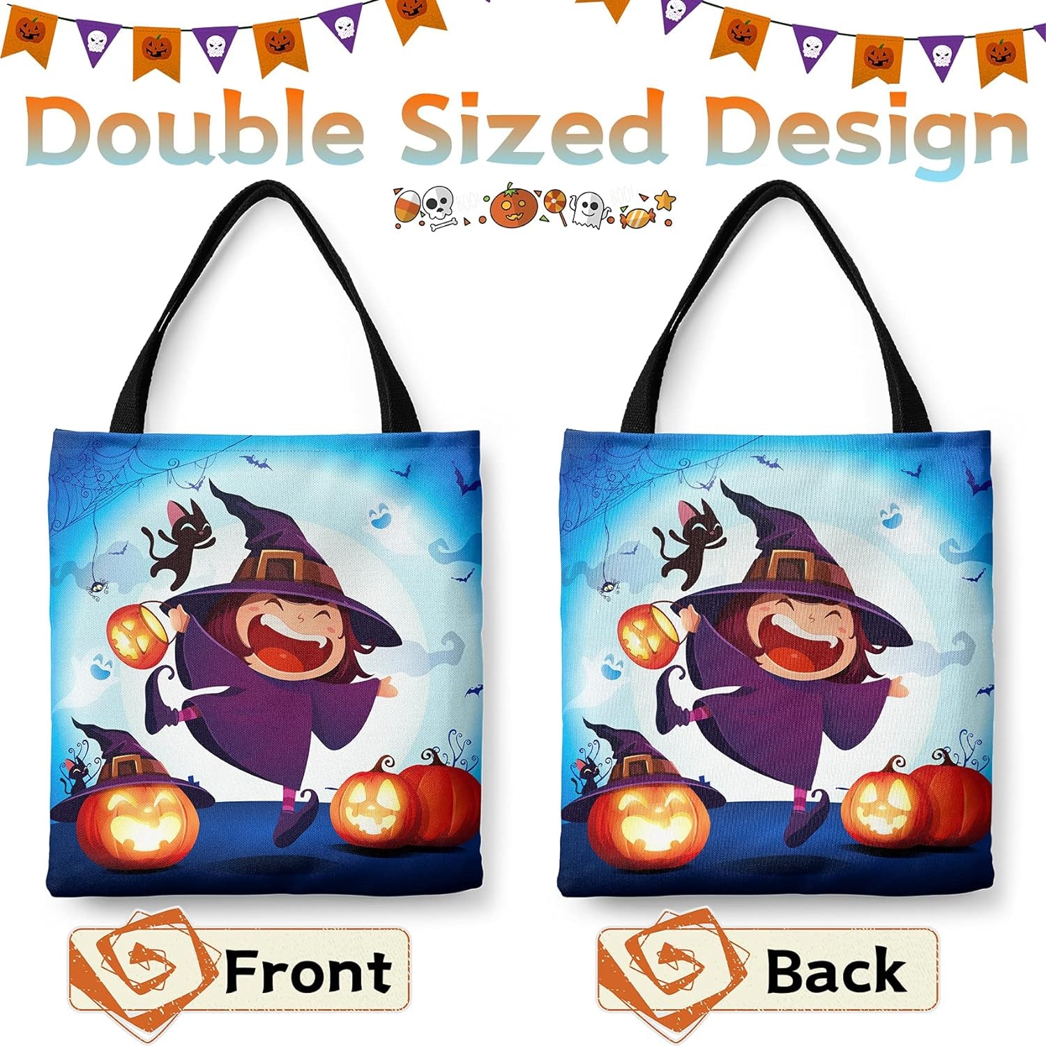 Halloween Tote Bag Halloween Canvas Bags for Trick or Treat 13.8”× 12.6” Halloween Tote Bags for Kids Halloween Witch Gift Bags Halloween Reusable Grocery Bags Halloween Party Supplies