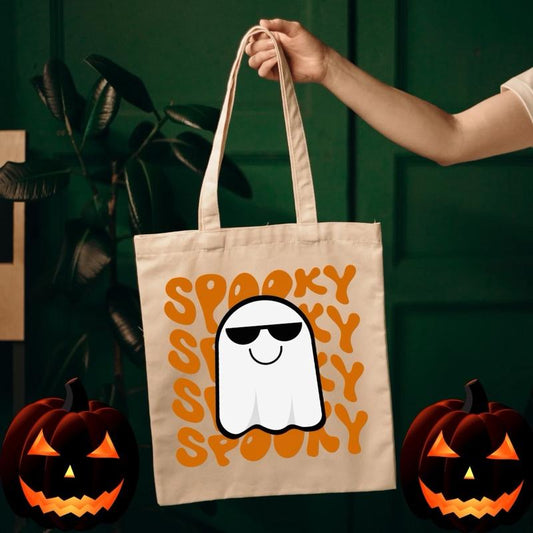 Spooky Happy Halloween Tote Bag, Cotton Canvas Trick or Treat Bag, Halloween Party Favor, Halloween Costume Accessory, Halloween Gift,