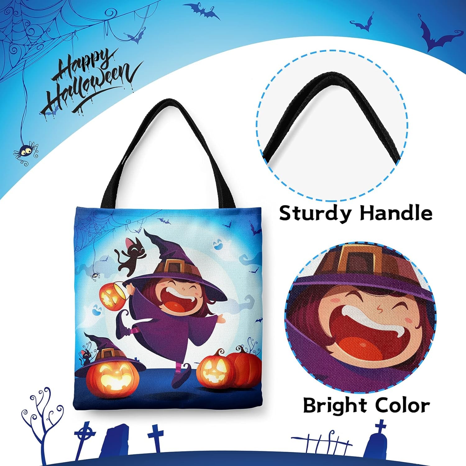 Halloween Tote Bag Halloween Canvas Bags for Trick or Treat 13.8”× 12.6” Halloween Tote Bags for Kids Halloween Witch Gift Bags Halloween Reusable Grocery Bags Halloween Party Supplies
