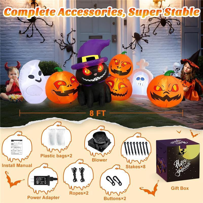 8 FT Long Halloween Inflatables Outdoor Decoration - Blow up Cat & Pumpkin Lanterns with Tombstone Ghost Halloween Yard Decorations, Built-In LED Lights Décor for Holiday Party Yard Lawn