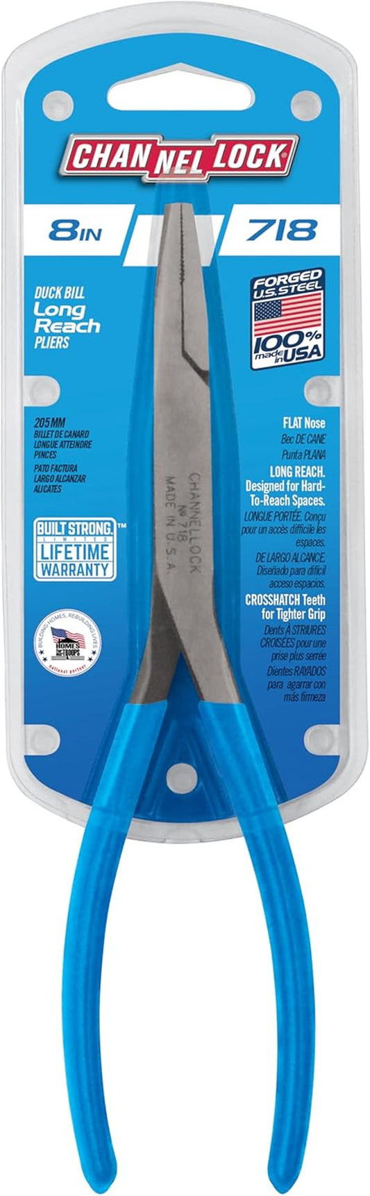 718 8-Inch Flat Nose Pliers | Duckbill Jaw Pliers with Extra Long Nose and Crosshatch Teeth Pattern Designed for Hard-To-Reach Places | Forged of High Carbon Steel | Made in the USA
