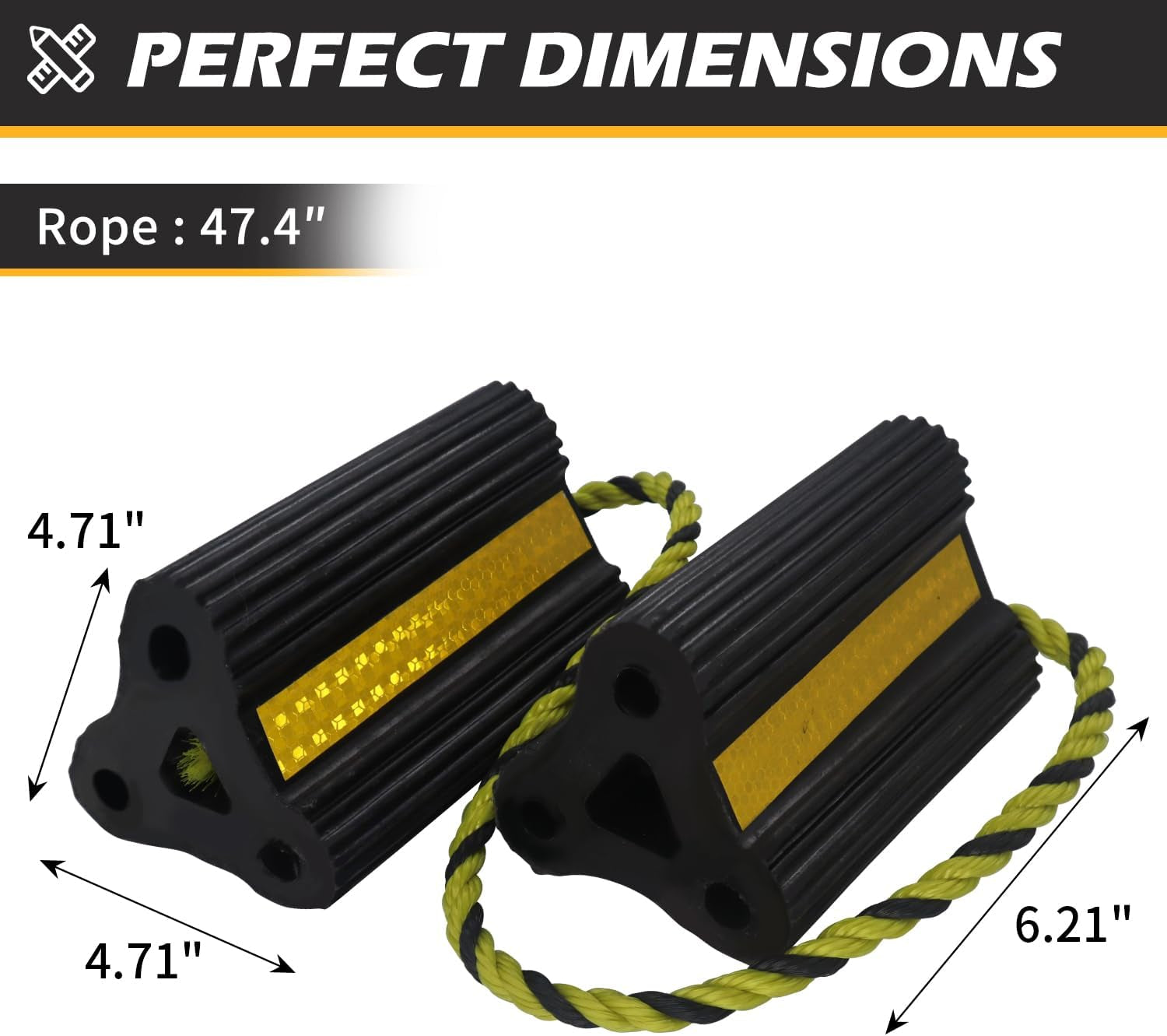 Wheel Chocks [2Pair/4Pack with Rope] for RV Trailer Camper Truck Car Aircraft Boat, Versatile Rubber Chocks Block Stopper for Tire with Reflective Strips, Utility Trailer Camper RV Accessories