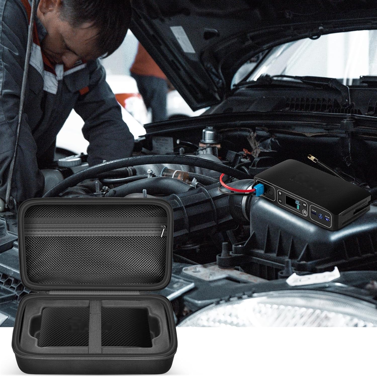 Case for Halo Bolt 58830/57720/ Air 58830/ ACDC Max 55500 Mwh/Air + Portable Emergency Power Kit, Storage Holder for Air Nozzles, Extra Accessory, Car Jump Starter, and Charger- Black (Box Only)