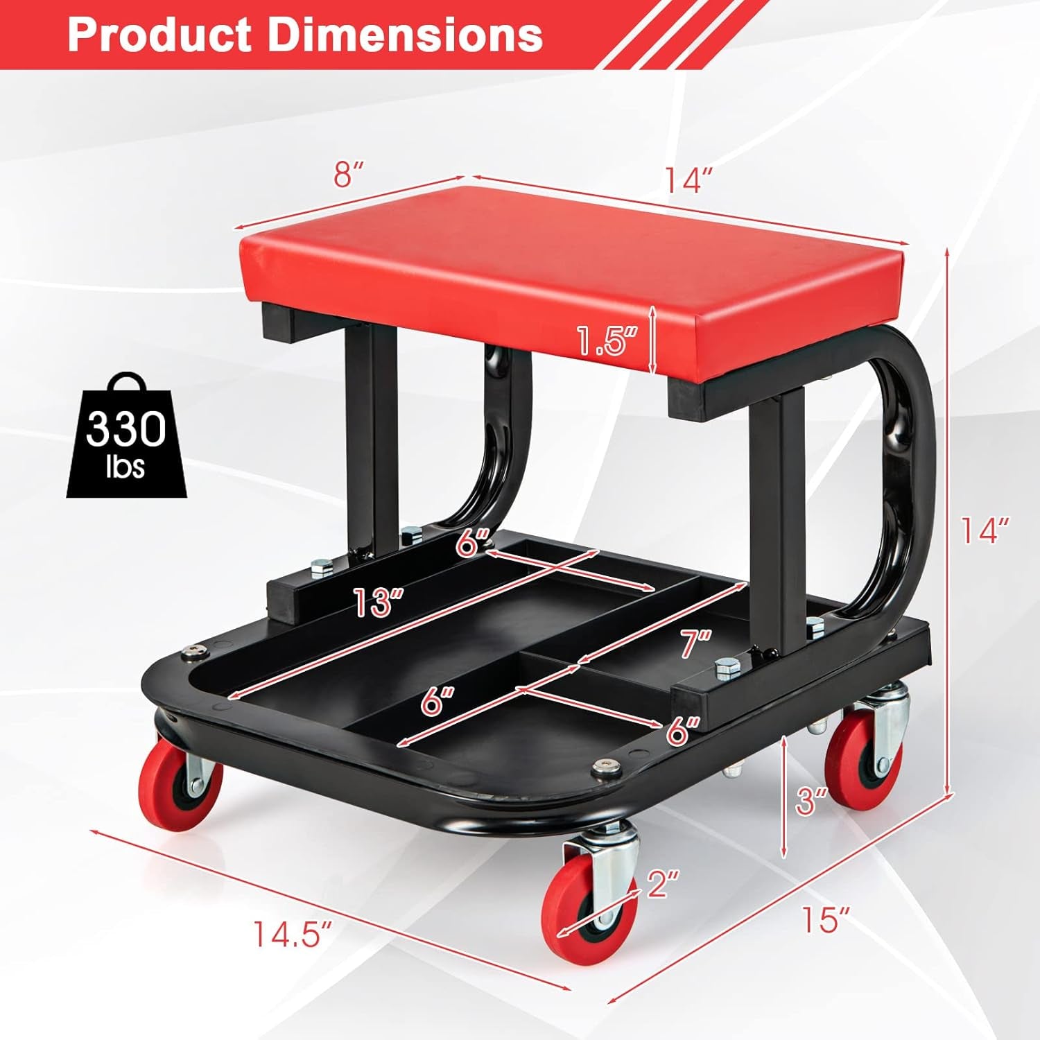 Mechanic Stool, Rolling Creeper Seat with Cushioned Seat, 4 Universal Wheels, Classified Tool Tray, 330 LBS Max Load, Garage Stool Work Chair, Shop Stool