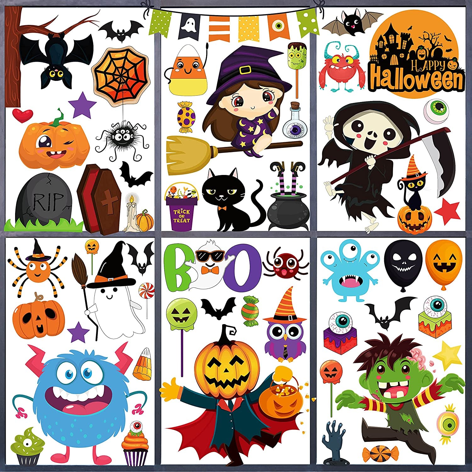 200PCS Halloween Window Clings Cute Halloween Window Clings Cute Pumpkin Witch Ghost
