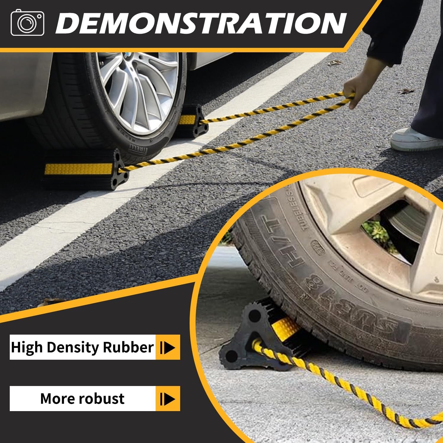 Wheel Chocks [2Pair/4Pack with Rope] for RV Trailer Camper Truck Car Aircraft Boat, Versatile Rubber Chocks Block Stopper for Tire with Reflective Strips, Utility Trailer Camper RV Accessories