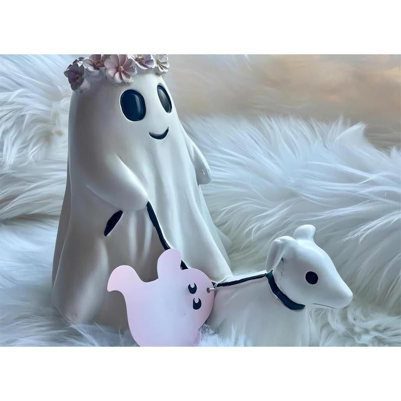 Ghost Walking Dog Statue, Cute Ghost Dog Figurine, Halloween Decorations (Large, Female)