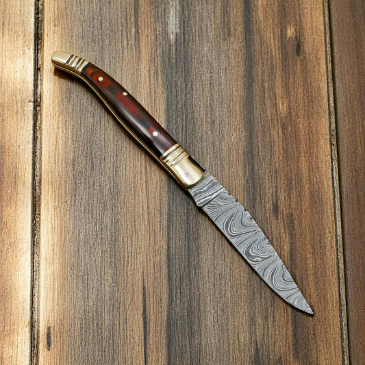 Damascus Pocket Knife with Exotic Wood & Brass Bolster